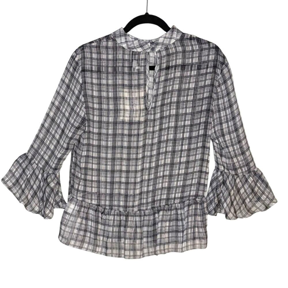 MINKPINK NWT Preppy Semi Sheer Check Plaid Blouse High Neck Ruffle Black White - Picture 2 of 11